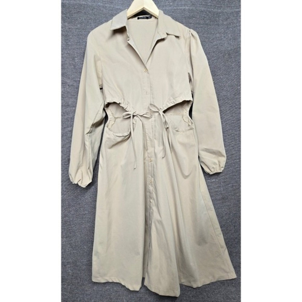Boohoo Stone Beige Cut Out Waist‎ Button Front Midi Shirt Dress US 4